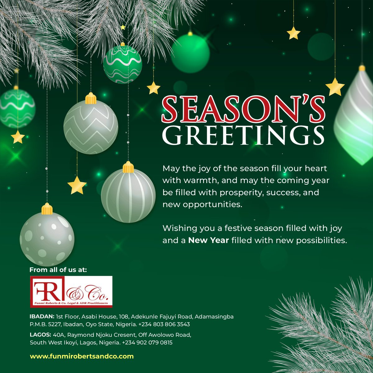 FunmiRobertsLP's tweet photo. Merry Christmas to you all π
π and a prosperous New Year in advance.
#MerryChristmasFRC #funmirobertsandco https://t.co/lSqHufR4O2