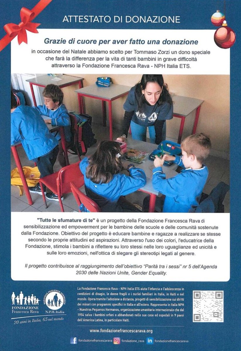 Per Natale siamo riuscitə a raccogliere 4145 € per il progetto di Fondazione Rava 'Tutte le sfumature di te' che si occupa di educare i bambini a riconoscere e slegare gli stereotipi legati al genere.
 Grazie a chi ha aderito, buone feste a tuttə voi✨️❤️ #tzvip #tommasozorzi