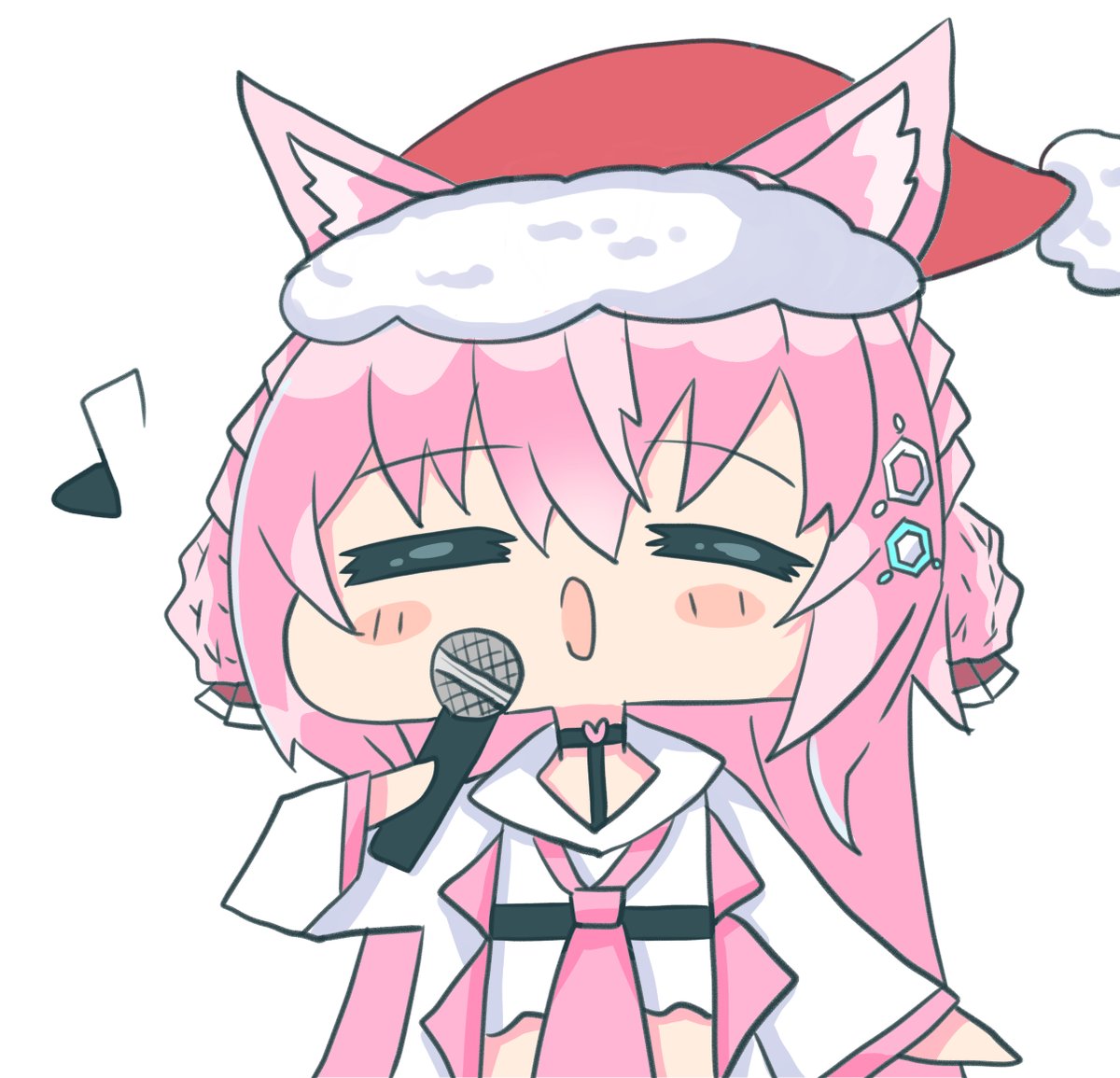 hakui koyori ,hakui koyori (1st costume) 1girl animal ears pink hair solo hat santa hat microphone  illustration images