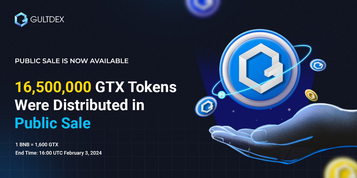 🎉 Public Sale is now available!

🪙 With 16,500,000 $GTX tokens distributed.

🔁 Conversion rate 1  BNB = 1,600 GTX.

💵 Buy GTX tokens with USDT and BNB.

⏰ The Public Sale round will end at: 16:00 UTC February 3, 2024

👉 Join with us now at: gultdex.com