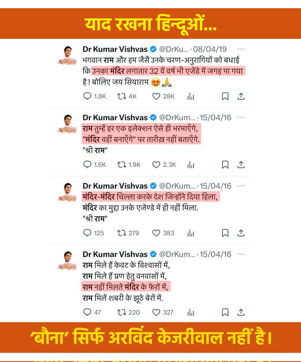 MODIfied_ankit's tweet photo. हिन्दूओं भूलना नहीं,

कैसे यह अवसरवादी बौना @DrKumarVishwas मंदिर के विषय को लेकर समय-समय पर हिन्दुओं के संघर्ष का मज़ाक बनाता था।

2019 का ट्वीट - जब यह राम मंदिर को 'उनका मंदिर' बता रहा था और आज अयोध्या जी में जाकर बड़े-बड़े डींगें हांक रहा है। यह बहुत बड़ा अवसरवादी व्यक्ति है। https://t.co/Is3Oww9wyj