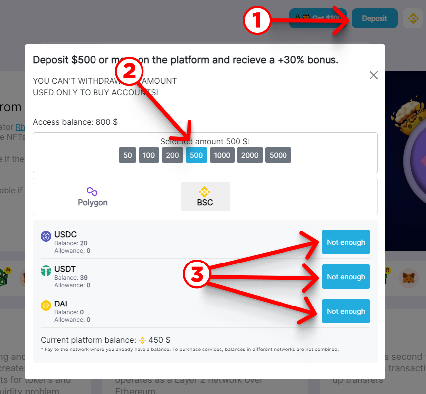 airhunter_drop's tweet photo. Deposit the Balance 💵 

Switch the network in your wallet to BSC or Polygon and press "Deposit" in the top right corner.  

In the window that opens, select an amount to deposit NOT LESS THAN $500, choose a network and currency, then press "Deposit" and confirm the transaction. https://t.co/JLaF1EL6cl