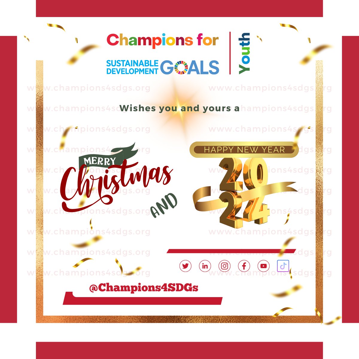 Season's Greetings from @champions4sdgs Youth 😊🎄 Many Thanks for being part of our community & for your continued commitment to advancing the SDGs Agenda throughout 2023. We wish you and yours a Merry Christmas & a Prosperous New Year; 2024. #Champions4SDGs #LeaveNoOneBehind