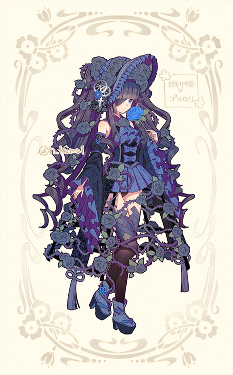 1girl solo flower long hair thighhighs blue flower rose  illustration images