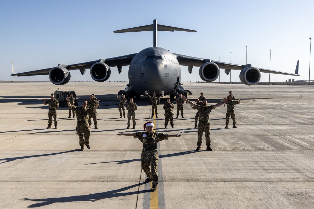 From Cyrus to Oman under skies so blue We're all sending warm wishes to you In Qatar and the UAE through the warm desert air We're enjoying the festivities, no matter where A big Merry Christmas to everyone back home ☀️❄️ from 83 Expeditionary Air Wing @RoyalAirForce