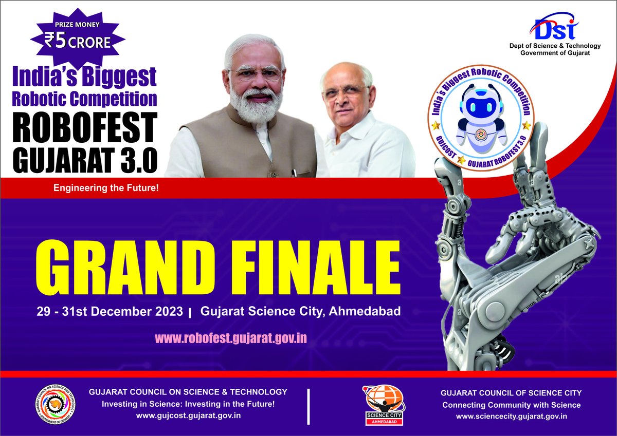 InfoGujcost's tweet image. Get ready for the #GrandFinale of #ROBOFEST – Gujarat 3.0, set to unfold at the #RoboticGallery
@GujScienceCity from December 29th to 31st, 2023!

More than just showcasing technical prowess, it&apos;s a celebration of #innovation, #creativity, and #interdisciplinary teamwork.

Join…