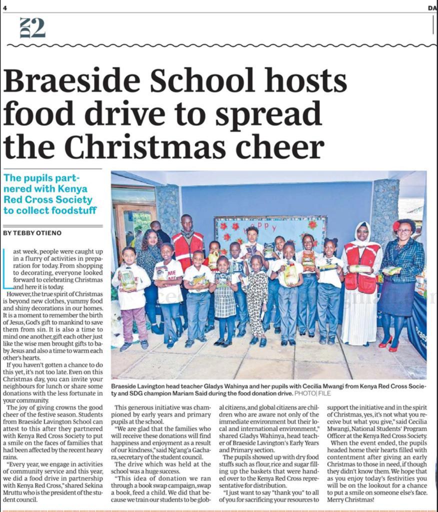 RedCrossYouthKE's tweet photo. Generosity in Full Swing: Pupils of @Braeside_School unite in the spirit of giving and donating food to spread joy during the festive season. The whole story is on today's #DailyNation. https://t.co/vBSs1UGPBd