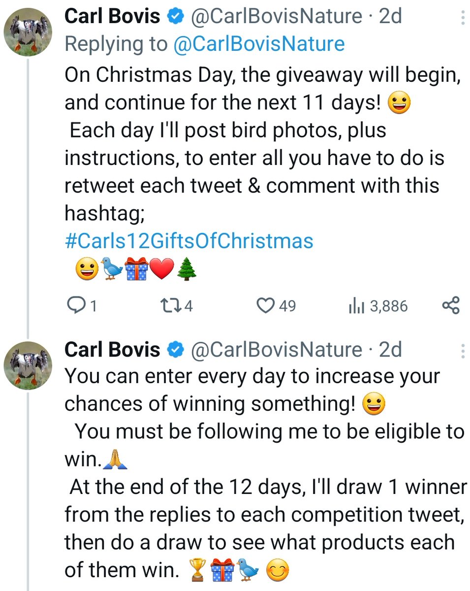 🎉 My Christmas giveaway starts here! 😀 I'm giving away 12 of my bird products over the next 12 days! 🎅😀🎉 To enter, just retweet & comment, using the hashtag #Carls12GiftsOfChristmas 🎁 (More details in the enclosed pics!) Good luck... and Merry Christmas! 🌲🎁🎅😊🐦❤️