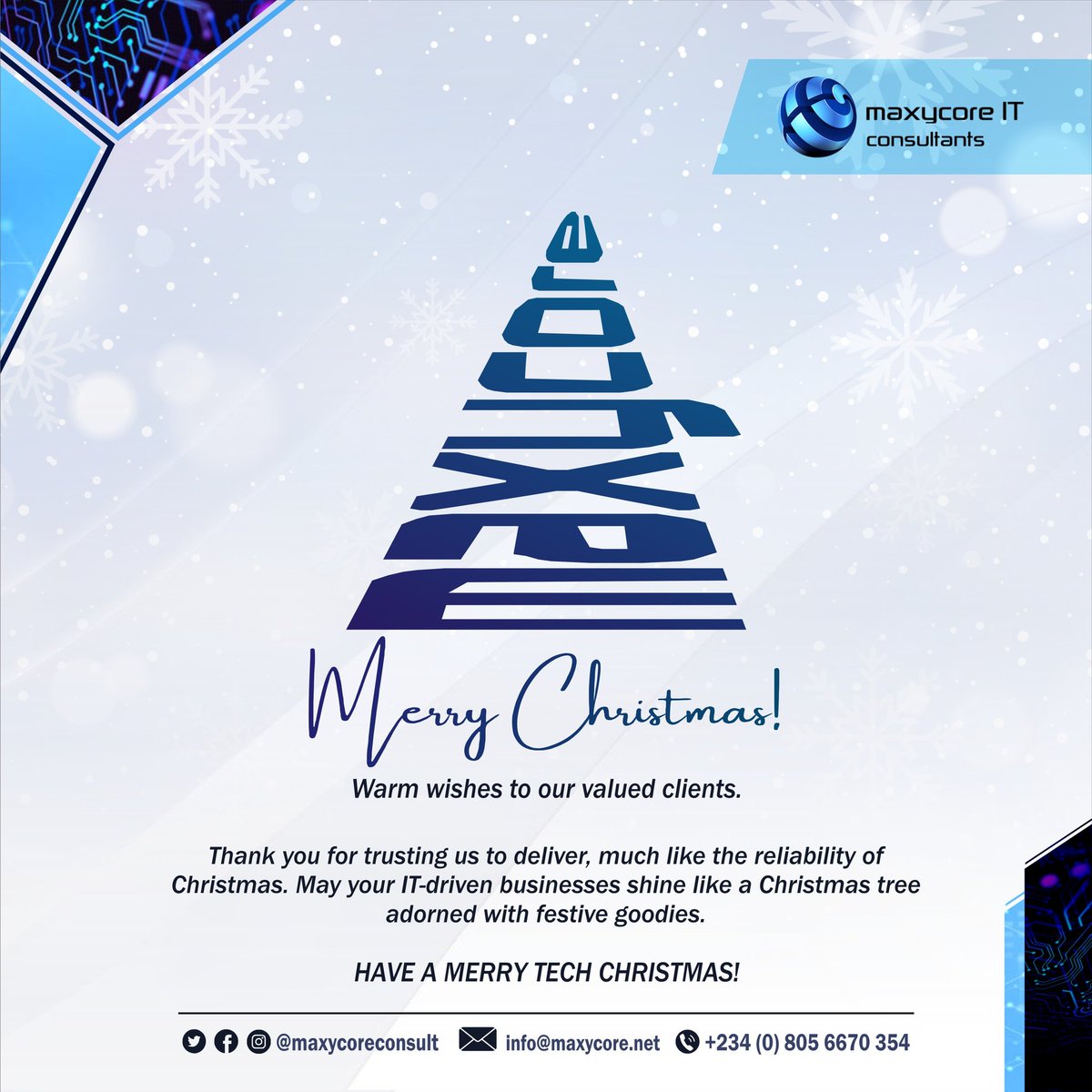 maxycoreconsult's tweet photo. Merry Christmas!

We wish you a festive season filled with love and a smooth tech year ahead!

#TisTheSeason
#JingleAllTheWay
#JoyToTheWorld
#TechInNigeria 
#SmallBusinessNG https://t.co/JVUFsGUaWV