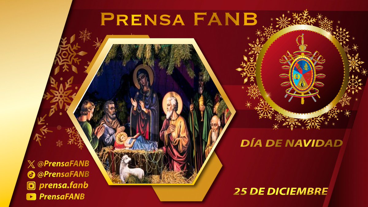 PrensaFANB's tweet photo. 🗓️ #25Dic || Es un momento para recordar el nacimiento de Jesucristo, quien nos enseñó valores como el amor, la bondad, la generosidad, la humildad y, sobre todo, la amistad. Aprendamos a vivir en paz con nuestros semejantes y agradeceremos a Dios el don divino de la vida. ¡La gran familia de la Fuerza Armada Nacional Bolivariana les desea una Feliz Navidad!
#PaísDeBuenaEstrella