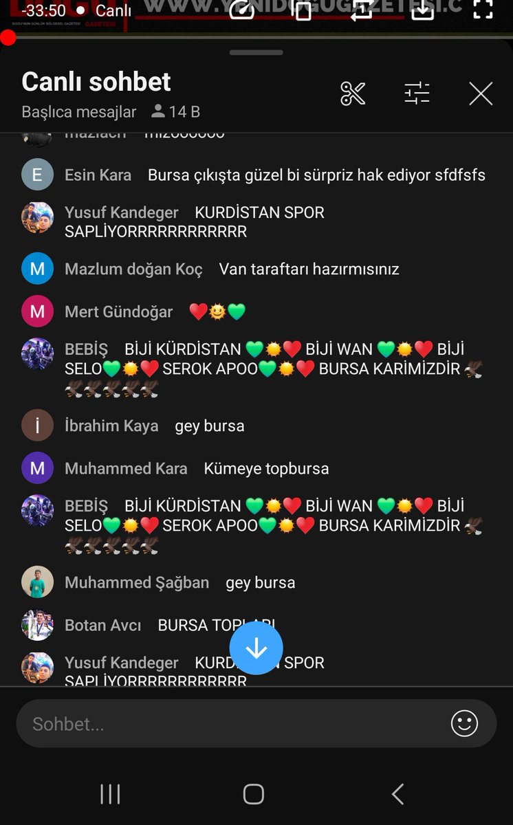 bsmedya's tweet photo. Yetkilileri Göreve Cağırıyoruz. Youtube de 15 bin kişinin izlediği canlı yayın, Vanspor - Bursaspor mücadelesi devam ederken yayın canlı yorumlarında terör örgütü pkk sloganları atılıp destek mesajları atılıyor. Bursaspor'un kimlerle mücadele ettiğini görün! https://t.co/KBgtr6oMjR