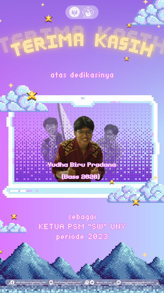 Selamat atas terpilihnya Desiderius Carmenico (Bass 2021) sebagai Ketua PSM "SW" UNY 2024 dan Terima kasih Yudha Biru Pradana (Bass 2020) untuk dedikasinya dalam periode 2023 ini.

VIVA PSM,
SWARA WADHANA🎶