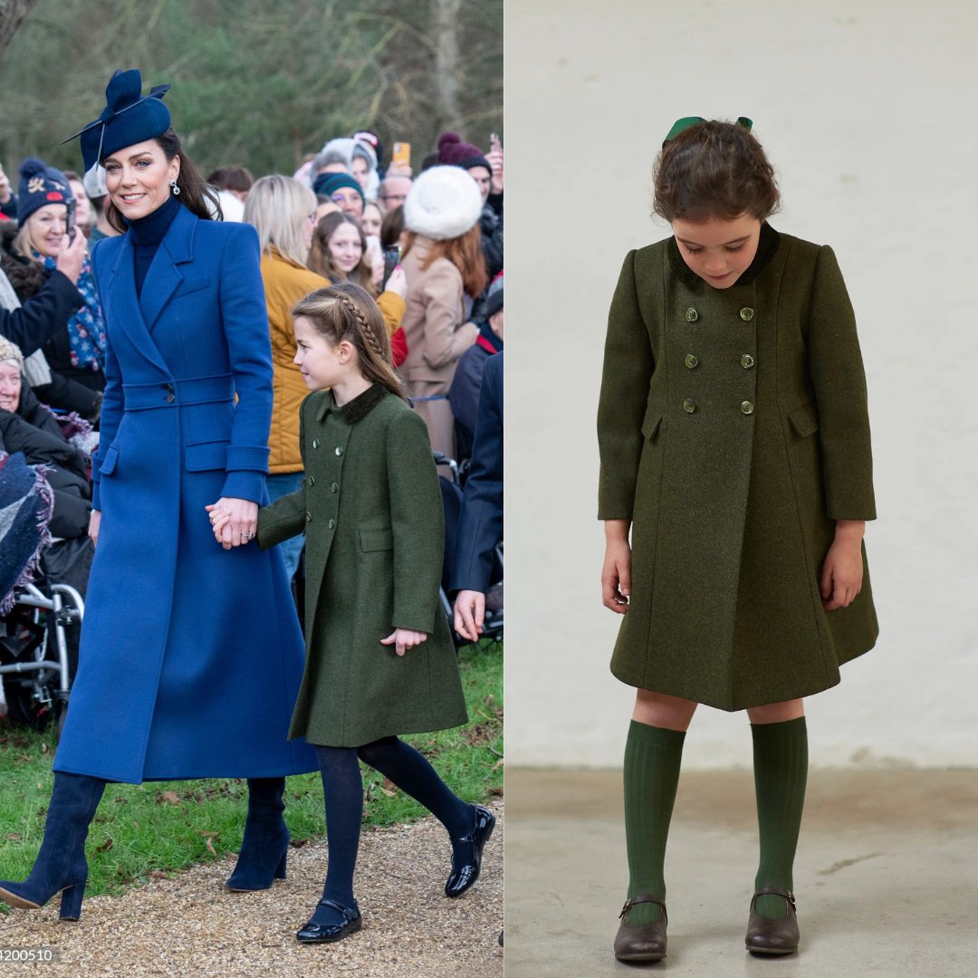 👑 25.12.2023 The British Royal Family Attend The Christmas Morning Service at Sandringham Church #PrincessCharlotte wore @FrikiShowroom 'English coat' in Dark olive green