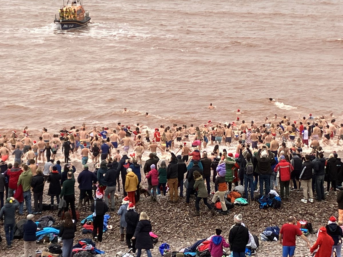 Budleigh Salterton’s Christmas Day swim. RNLI Exmouth standing by, as usual. Excellent turnout this year.