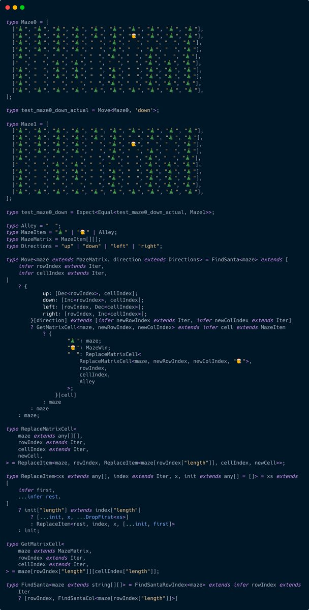 GabrielVergnaud's tweet image. 🎄Finally found some time to participate in the #adventoftypescript from @trashh_dev!
Here is my solution for Day 24. It was such a fun type-challenge ❤️
I was very tempted to use HotScript, but decide to stick to plain TypeScript to spice things up 🌶️