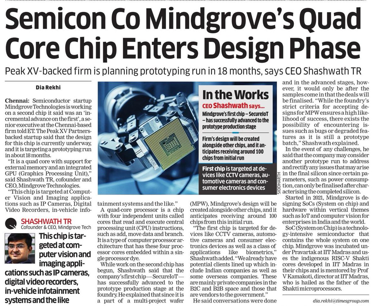 RajeevRC_X's tweet photo. Another wonderful milestone as we near end of 2023 🙏🏻
SemiconIndia Startup @MindgroveTech set to hv quad core chip ready in 18 months.
This is one more #startup from the vibrant Digital India @risc_v ecosystem in India #DIRV thats building a wide spectrum of chips.
@PMOIndia
@Semicon_India @Electronics_GoI @MSH_MeitY @iitmadras
#NewIndia #IndiaTechade #ViksitBharat