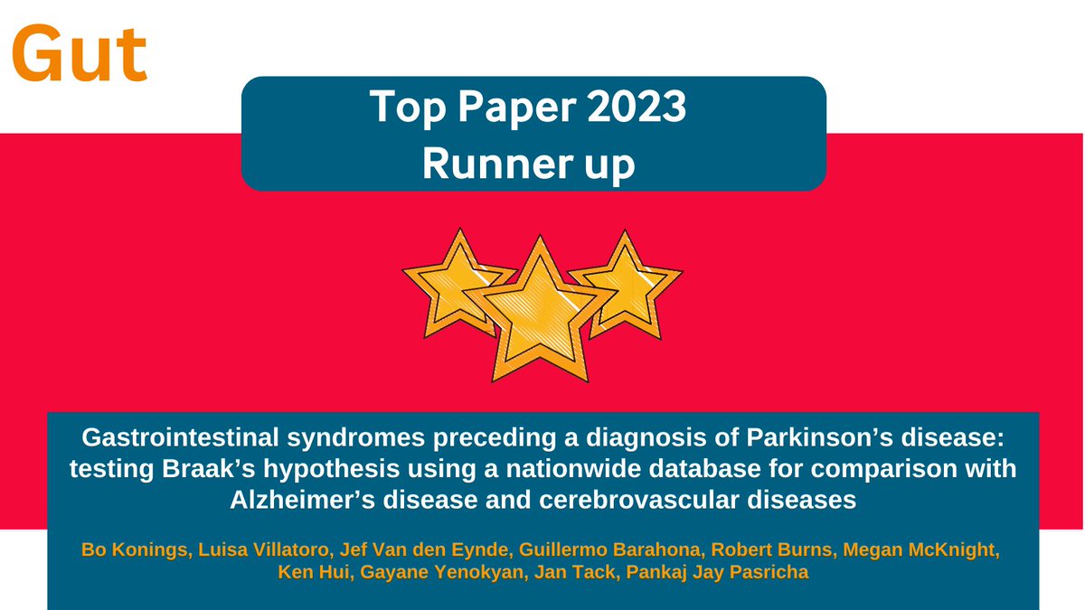 The Runner Up of #TopGUTPaper2023 is the paper by @BoKonings et al on

“Gastrointestinal syndromes preceding a diagnosis of Parkinson’s disease: testing Braak’s hypothesis using a nationwide ...” via bit.ly/41v0cM4

Congratulations to the entire team! @JayPasrichaMD