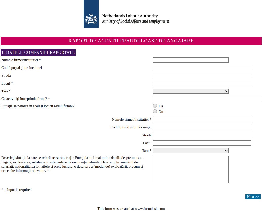 Dacă va angajaţi 𝐝𝐢𝐧 𝐑𝐨𝐦â𝐧𝐢𝐚 pentru muncă î𝐧 𝐎𝐥𝐚𝐧𝐝𝐚 verificaţi în contract: ţara, detalii angajator, descrierea muncii, durata contractului, salariu, transport, cazare, protecţie socială.

Pentru a reclama o agenţie: bit.ly/RaportUitzend

#RomanianWorkersInNL