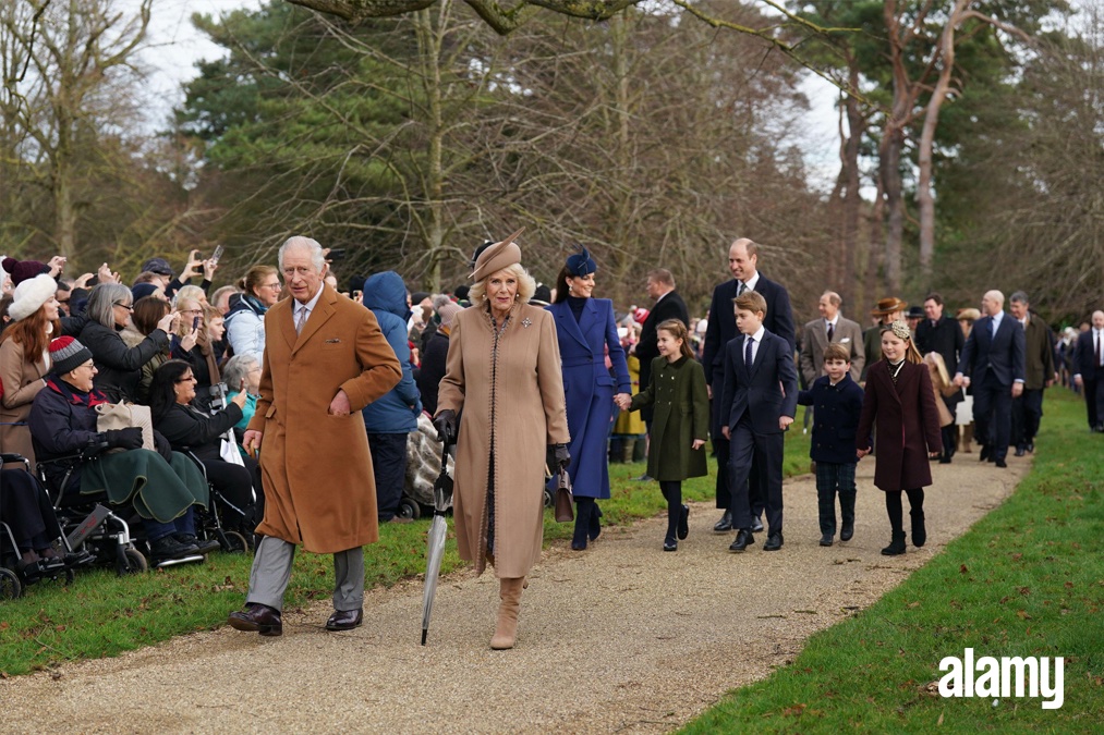 King Charles III, Queen Camilla, the Princess of Wales, Princess Charlotte, Prince George, the Prince of Wales, Prince Louis and Mia Tindall attending the Christmas Day morning church service at St Mary Magdalene Church in Sandringham. Image ID: 2W987FC // Joe Giddens // PA Wire