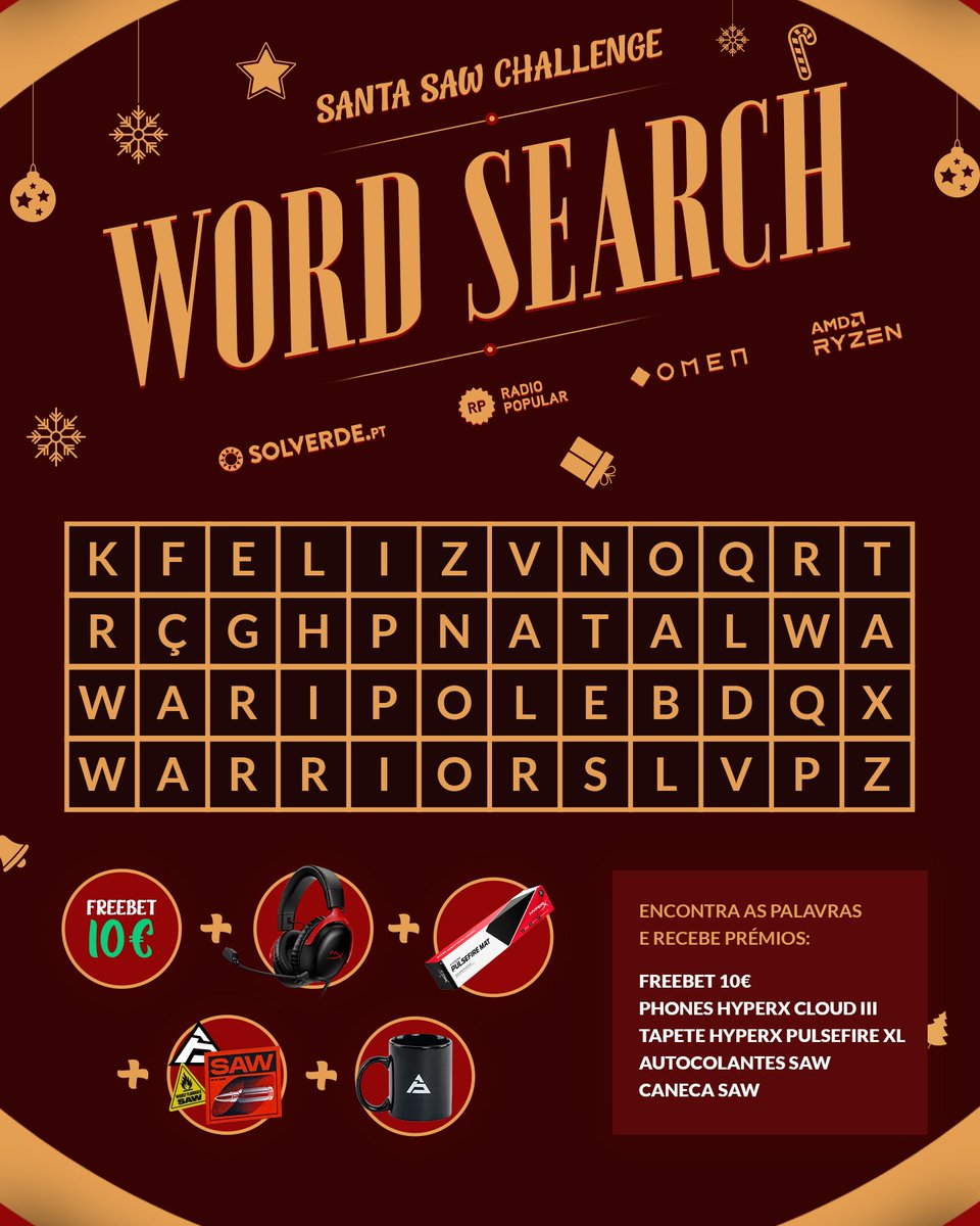 sawggofficial's tweet photo. SANTA SAW CHALLENGE 🎅

Queres ganhar um pack completo SAW, com tudo o que tens direito? 

Descobre as três palavras na sopa de letras e comenta com a tua resposta! 
 
E já agora... Feliz Natal, warriors! 🎁🎄

#StayAWarrior https://t.co/CCNlYPxKzc