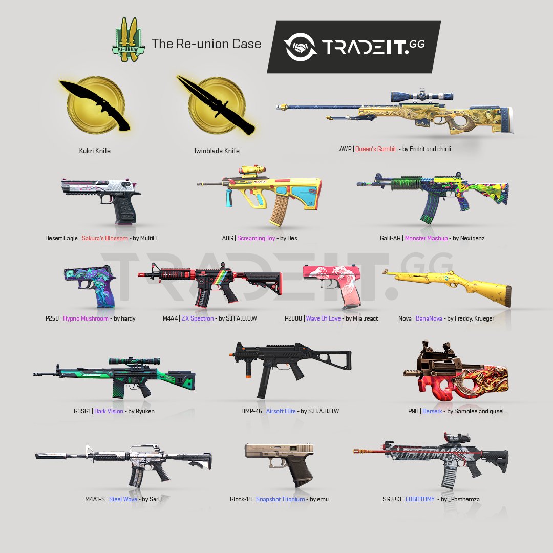 tradeit_gg's tweet photo. Reunion case in CS2 next year?! 👀

Imagine one case, 2 new knives! https://t.co/1MFQh1fsCL