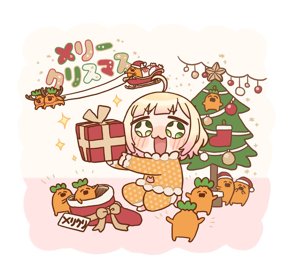 momosuzu nene 1girl gift green eyes christmas blonde hair christmas tree pajamas  illustration images