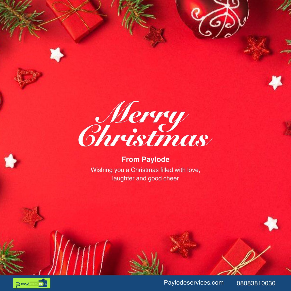 Paylodeservices's tweet photo. Paylode wishes you a Merry Christmas 🎄🥳.
May your Christmas be filled with laughter, love and good cheer🤗.
#christmaswithpaylode #paywithoaylode #seasonsgreetings https://t.co/Oxil3oqUAx