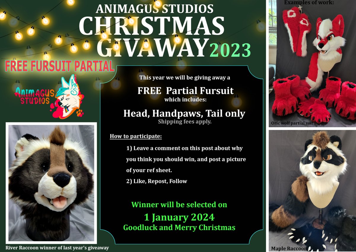 🎄✨With the overwhelming response we had last year's giveaway. We shall do another this Christmas.🎄💥
 This time a Fursuit Partial suit is to be custom made for free. 

+ Please follow the instructions in this post to enter. Happy Holidays everyone and Good luck to all.