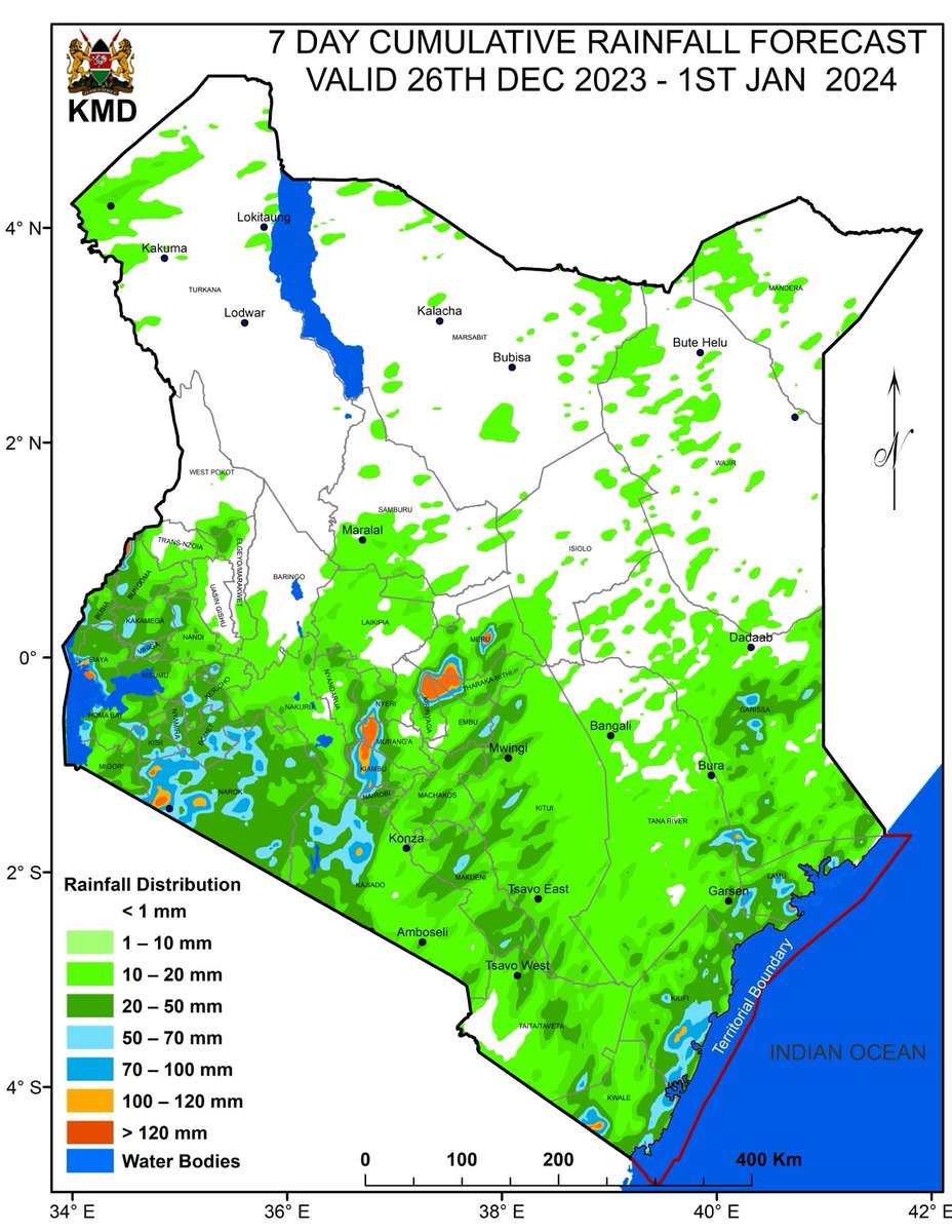 Weather Outlook for 26 December 2023 to 1 January 2024 Rainfall is expected to continue over the southern half of the country. Most parts of North-eastern and North-western Kenya are likely to be generally dry.