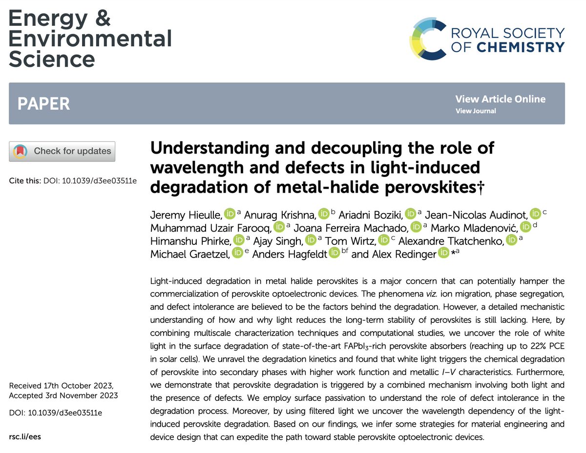 Our latest collaborative paper is now available in Energy Environ. Sci. @RSC_Energy! #OpenAccess

Understanding and decoupling the role of wavelength and defects in light-induced degradation of metal-halide perovskites

Link: doi.org/10.1039/D3EE03…