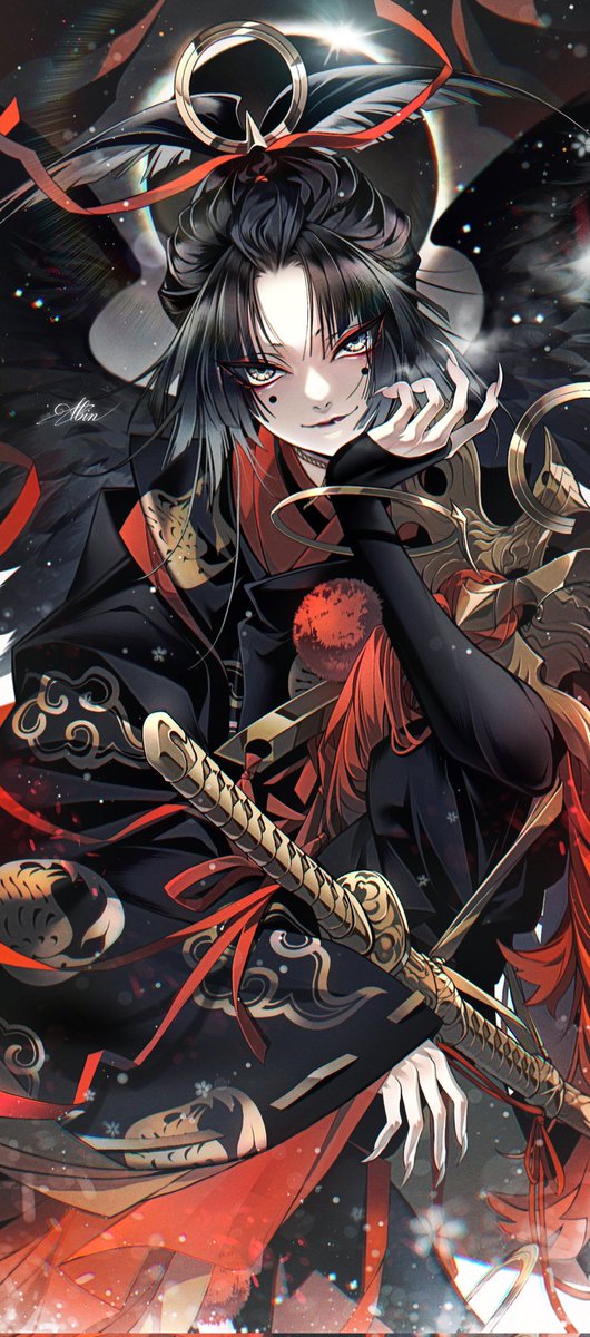 black hair 1boy male focus weapon japanese clothes solo sword  illustration images