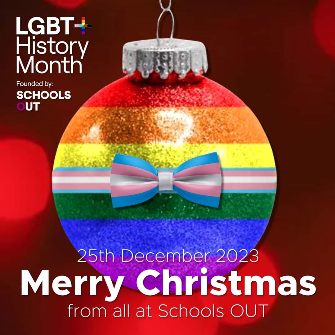 A very merry Christmas to all our followers from everyone at @SchoolsOUTUK 

We know today can be tough for many in our community and help is available.

@Switchboard
0800 0119 100
hello@switchboard/lgbt

#lgbtqia 
#Usualise
#LGBTplusHM 
#educateOUTprejudice