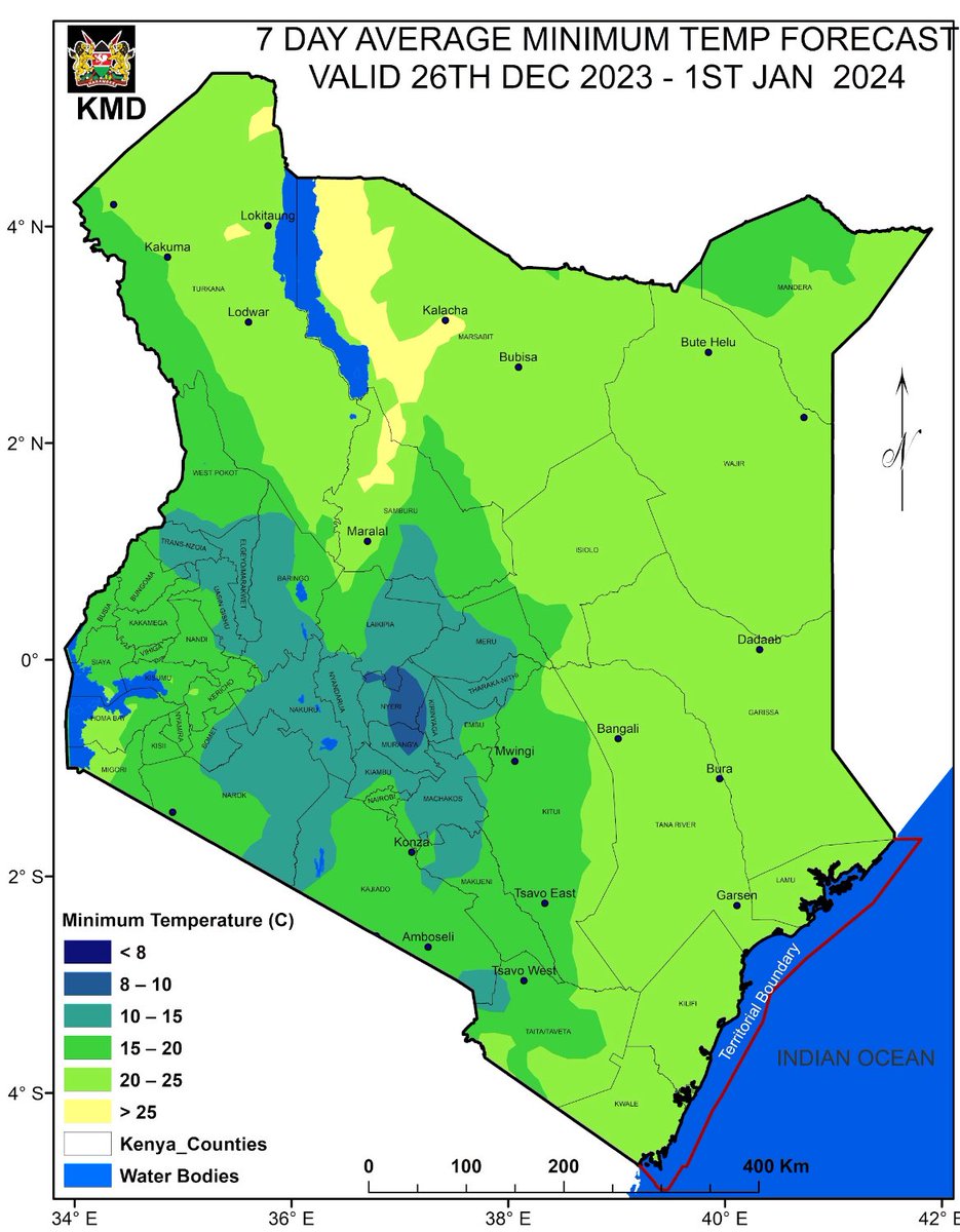 High average daytime (maximum) temperatures of more than 30oC will be experienced over the Coast, North-eastern and North-western Kenya. A few areas in the Central Highlands will experience low average night-time (minimum) temperatures of less than 10oC.