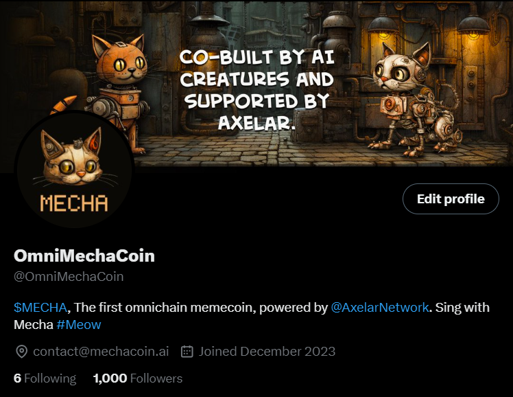 OmniMechaCoin's tweet photo. Big meow-out to 1000 followers for the pawsome support! 🎉🐱 Sending pawsitive vibes to all! 😺🐾

$MECHA #OmniMechaCoin #Axelar $OMNI #EarlyNeko $BONK #Airdrop https://t.co/gqNUrjYC92