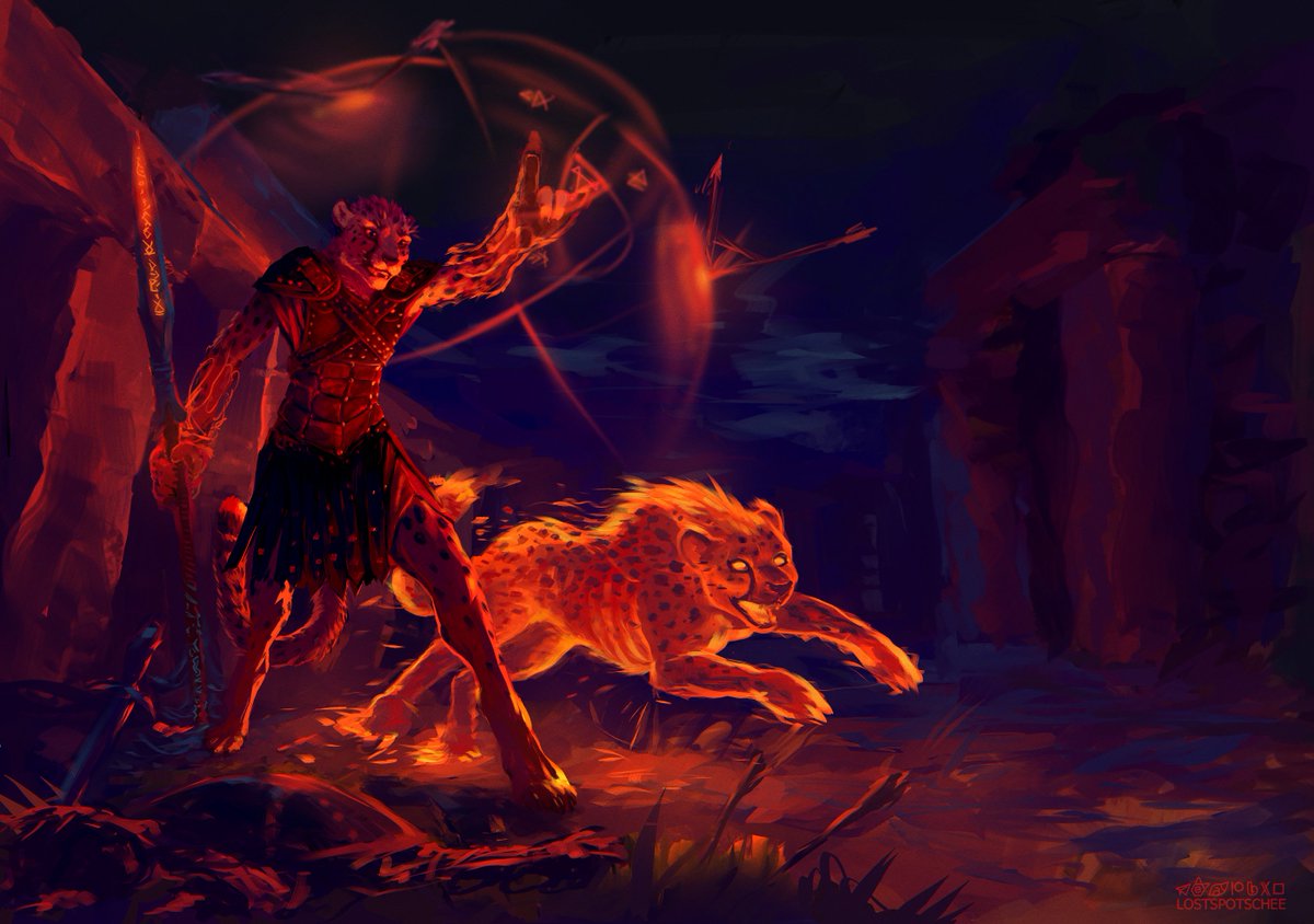 Losty_Spotless's tweet image. Painting comiss for King/TearMarks Black with his DnD characters. 
Brisk is the Druid 
Tabaxi is a fire cheetah