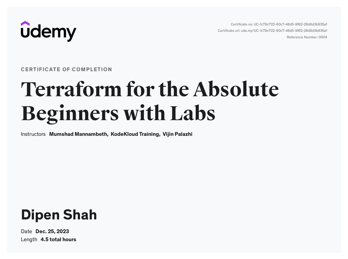 🚀 Exciting news! 🚀 Just wrapped up a comprehensive Terraform course on Udemy, diving deep into various topics 🌐💻 Thanks to the instructor  for an enriching experience! 🌟 #Terraform #Udemy #InfrastructureAsCode #ContinuousLearning <a href="/udemy/">Udemy</a>