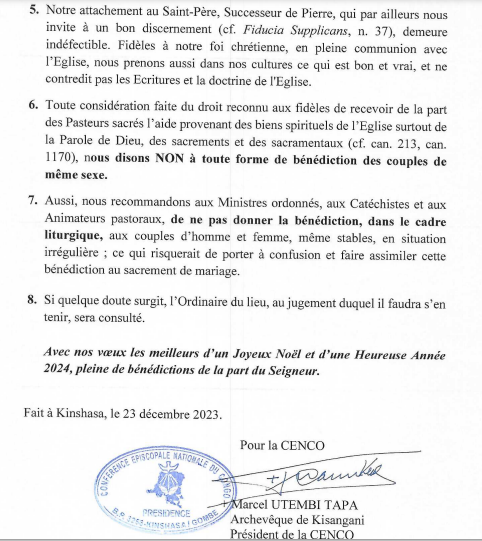 La CENCO (Conférence Episcopale Nationale du Congo) dit NON à la bénédiction des couples homosexuels ordonnée par le pape.