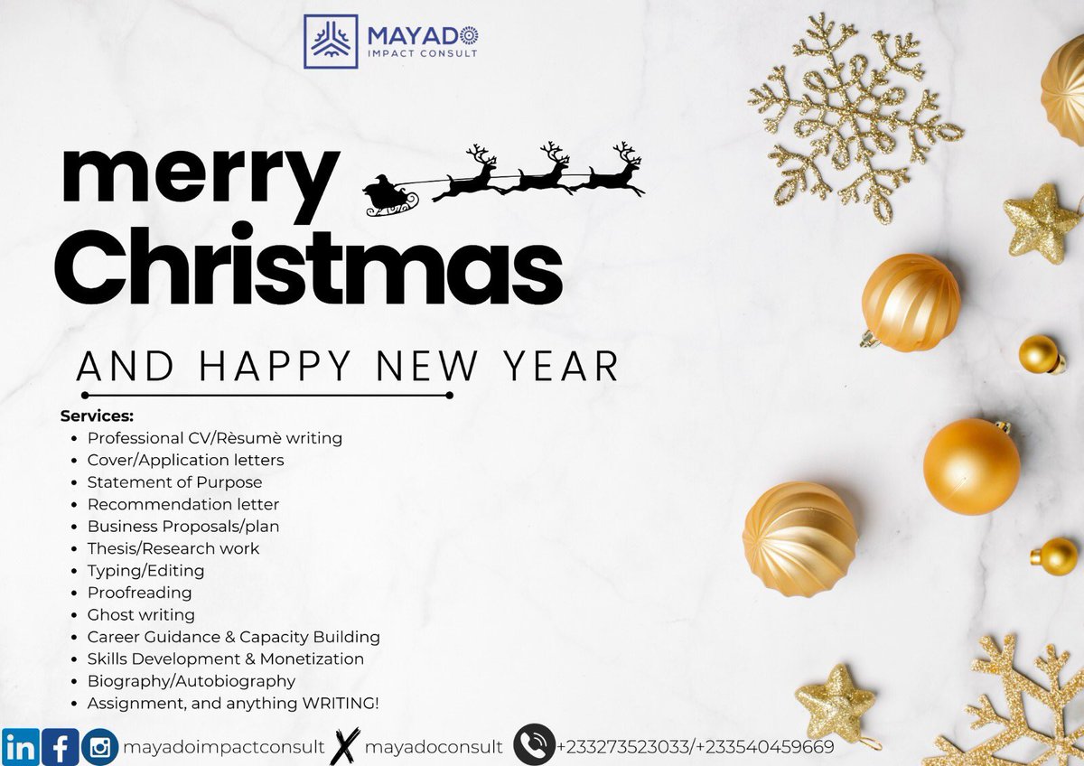 MayadoConsult's tweet photo. From We at MAYADO Impact Consult to you all, especially you who patronize or recommend our Services. We appreciate your trust in our consultancy.🥂

#MerryChrismas #NewYear https://t.co/oLGnA55wIv