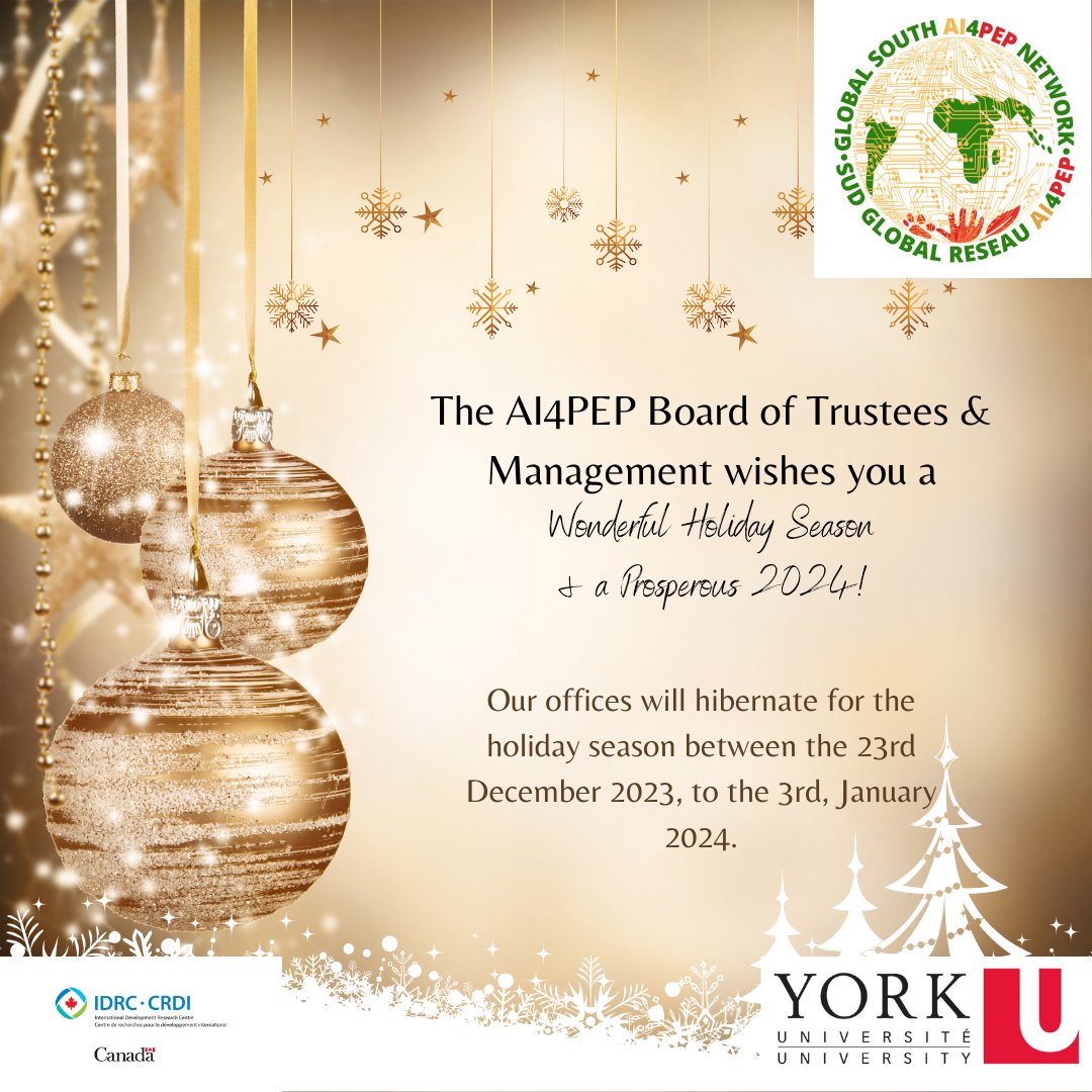 Happy Holidays! We at <a href="/Ai4Pep/">AI4PEP—Global South AI for Pandemic Network</a>   are grateful for the huge and little victories we’ve experienced in 2023. We acknowledge that our success is a product of successful collaboration with partners like you. <a href="/Ai4declicSn/">AI4DECLIC-SN</a> <a href="/theACADIC/">Africa-Canada AI & Data Innovation Consortium</a> <a href="/dzevela/">Jude  Kong</a> <a href="/autoaipandemics/">AutoAI-Pandemics</a> <a href="/polioantenna/">Polio Antenna Project</a> <a href="/AI4EWARS/">AI4EWARS Project</a>