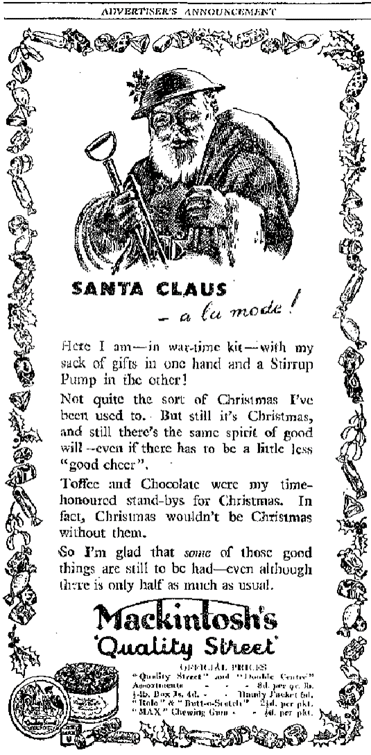 MickHayes1's tweet photo. Merry Christmas, from me and #Santa showing his adaptability in 'war-time kit' complete with tin hat and stirrup pump in a #SWWad from 1941 https://t.co/J0J2cfACyX