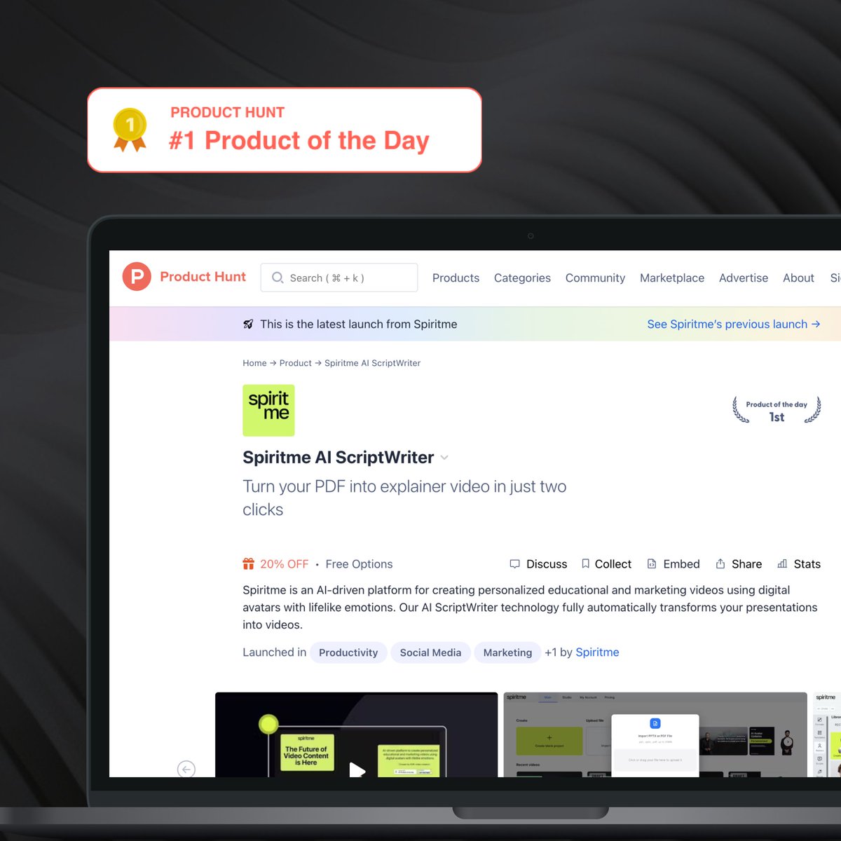 🚀 Exciting news!

We have launched a new AI ScriptWriter technology that can turn PDFs into explainer videos in just two clicks. Our product was awarded 1st place as 'Product of the Day' on Product Hunt 🏆

Thank you for your support 🙌🏻

#buildinpublic #ProductHunt #AI