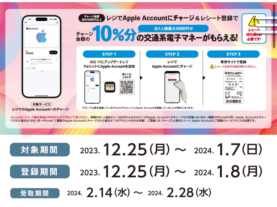 wanwan1161's tweet photo. セブン✖️🍎10%還元キャンペーンが早くも復活！

前回も参加しましたが、
還元先は交通系にチャージされるので、
店舗せどりや売却時の交通費に充てられるので、
使い道に全く困りませんでした

https://t.co/2TDiEGoOLr

nanaco支払いができるので、
au payプリペイドを噛ませれば、
クレカチャージ分もポイント

参加方法や注意点は、引用先を参照