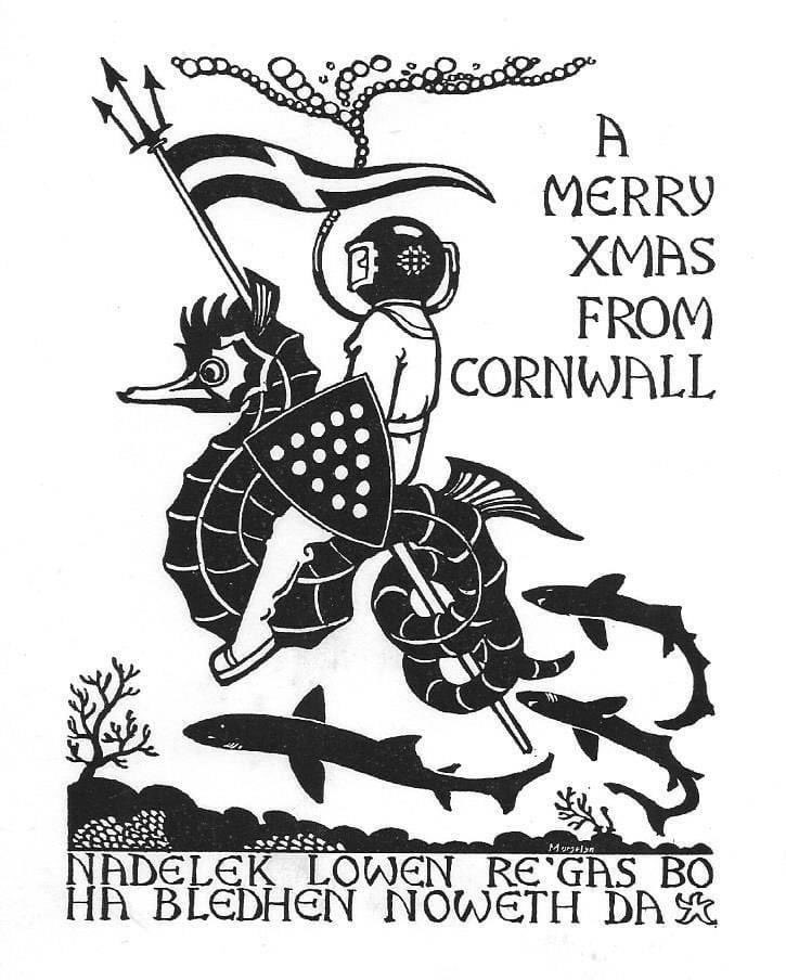 Nadelik Lowen! Happy Christmas!
Yuletide greetings to you and yours 
🎄🤶🎊🎶

(1949 Christmas card via Mullion Old Cornwall Society)
