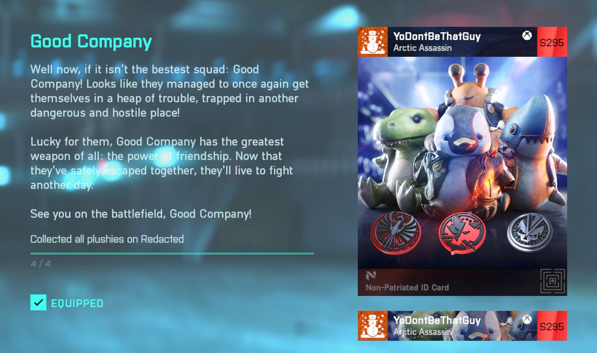 BFBulletin's tweet photo. A new easter egg is now active in #Battlefield2042 🥚

Collect all "plushies" on Redacted and unlock a new player card background 🗃️
You will also unlock a weapon charm for every plushie you find 🔎

#TheGoodCompanySquad 🦀 🦖 🐧 🦈
Images: YoDontBeThatGuy, Hondoes &amp; Jozely 📸 https://t.co/aHMB7HNkeN