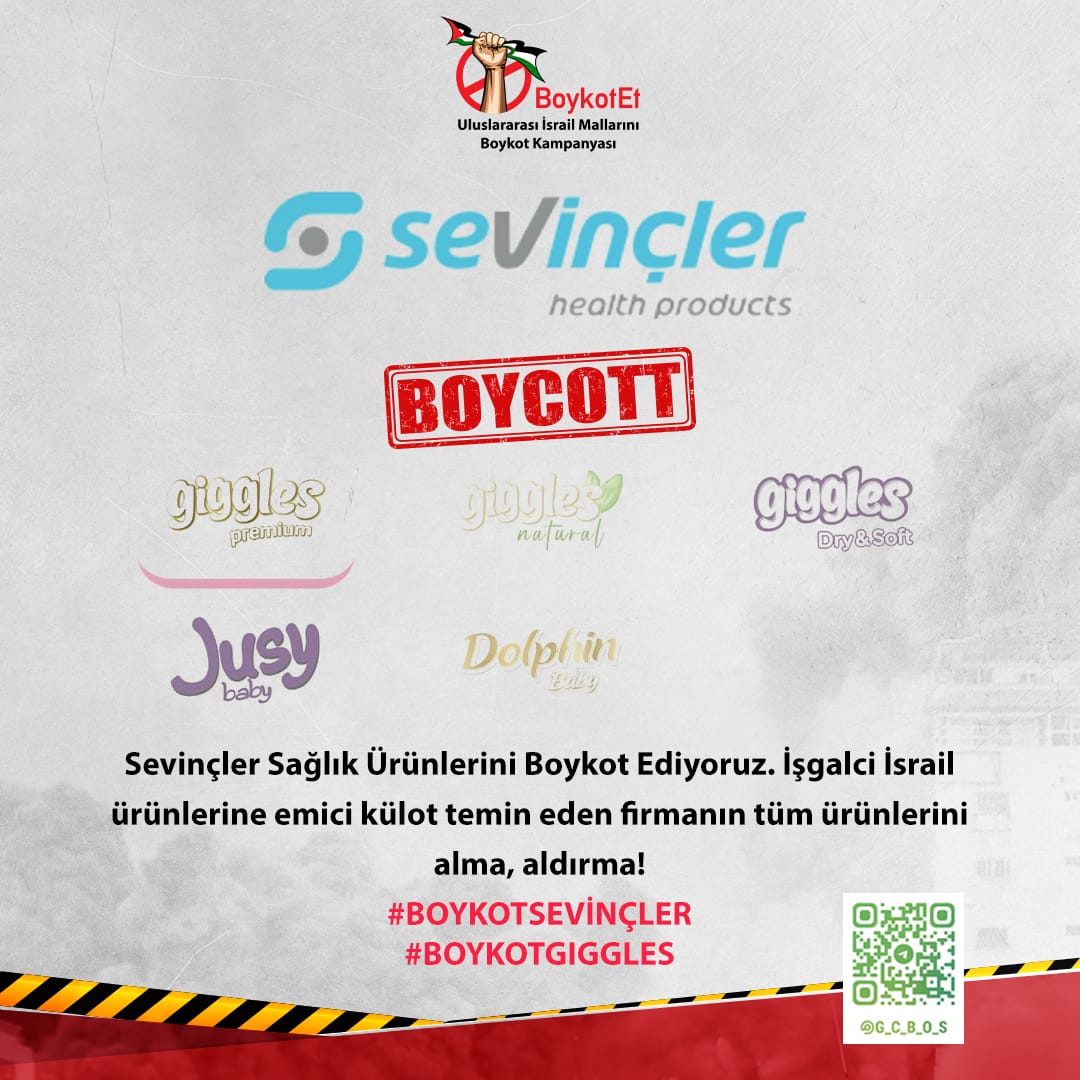 Sevinçler Sağlık Ürünlerini Boykot Ediyoruz. İşgalci İsrail ürünlerine emici külot temin eden firmanın tüm ürünlerini alma, aldırma!
قاطعوا منتجات Sevinçler Sağlık الداعمة للاحتلال، بعد ظهور منتجاتها خلف جنود الاحتلال الاسرائيلي
#BOYKOTSEVİNÇLER 
#BOYKOTGIGGLES