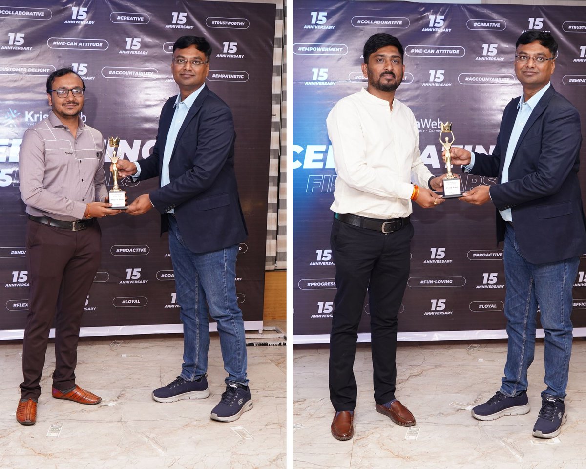 KrishaWeb's tweet photo. We lived every moment of the incredible spirit of our team. Congratulations to all the talented award receivers & wishing many more contributions ahead! Have a look at some of the glimpses...
#CheersTo15Years #EmployeeRecognition #15YearsofSuccess #CompanyAnniversary #KrishaWeb https://t.co/gG0WJXjMXx
