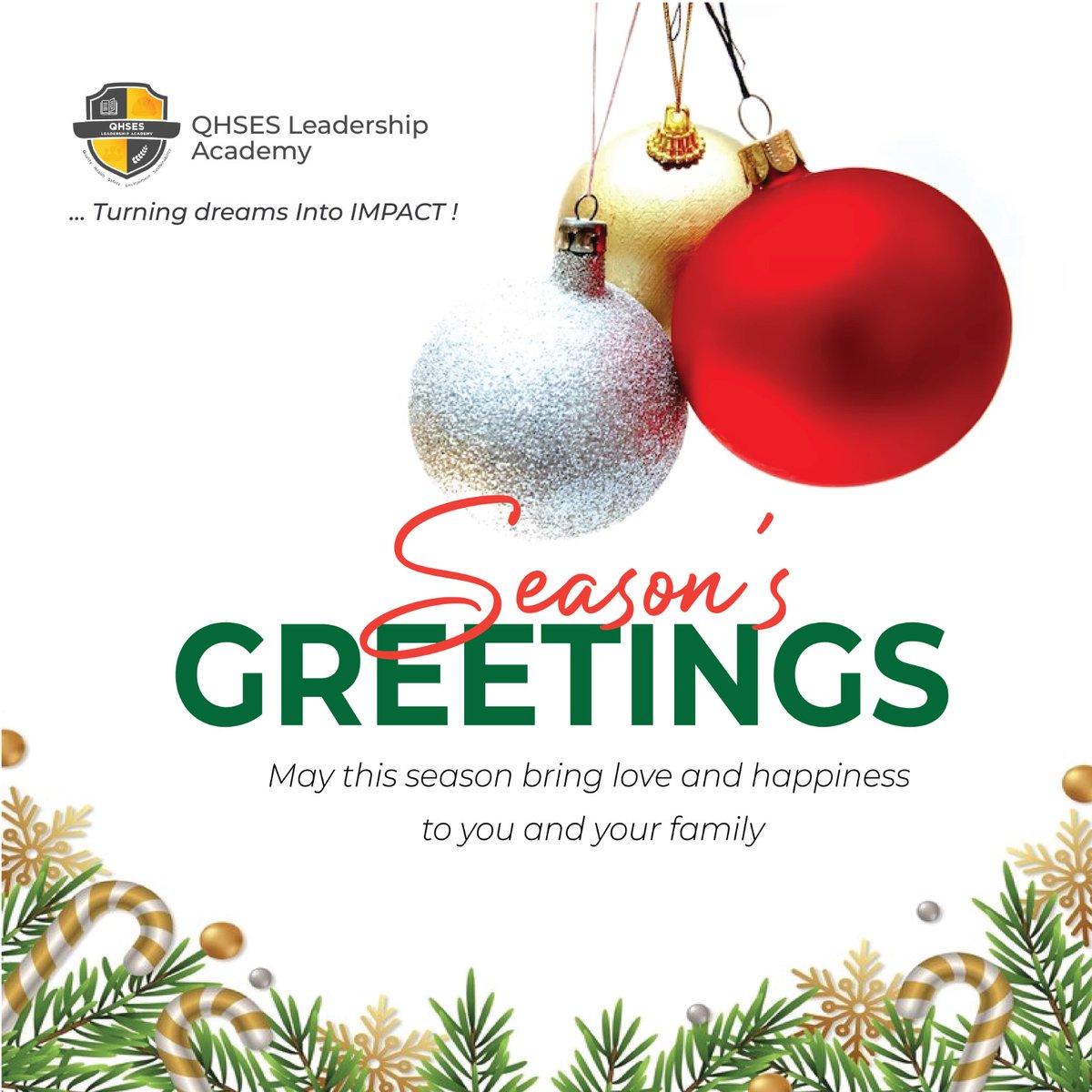 As the festive season envelops us in joy and reflection, the QHSES Leadership Academy extends warm wishes to you and yours. 

This season, we celebrate the spirit of togetherness and our shared commitment to sustainability.

#SeasonsGreetings
#QHSES_Leadership_Academy