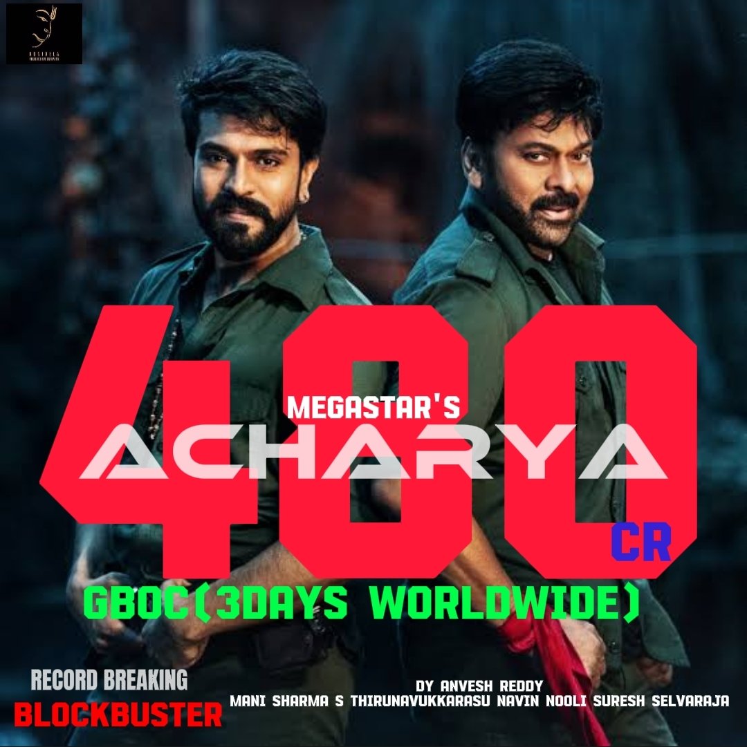 𝑩𝑶𝑿 𝑶𝑭𝑭𝑰𝑪𝑬 𝑲𝑨  𝑨CH𝑨𝑹YA🔥

#BlockAcharya hits 480𝐂𝐑𝐎𝐑𝐄𝐒 𝐆𝐁𝐎𝐂 (worldwide) 𝐢𝐧 𝟑 𝐃𝐚𝐲𝐬!

#ACHARYA 
#RecordBreakingAcharya #AcharyaRulingBoxOffice

@AlwaysRamCharan
@KChiruTweets 
@KoratalaShiva 
@matineemovies @KonidelaPro @Niranjanreddy @NavinNooli