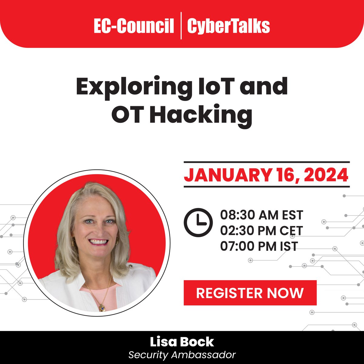 ECCOUNCIL's tweet image. You&apos;re invited to our January 16 #Webinar on #IoT and #OTHacking with Lisa Bock! Gain a complete understanding of IoT and #OT components, how to attack and protect them, and more. 

Register now: bit.ly/41ouHDw

#ECCouncil #Cybersecurity #CEH #EthicalHacking