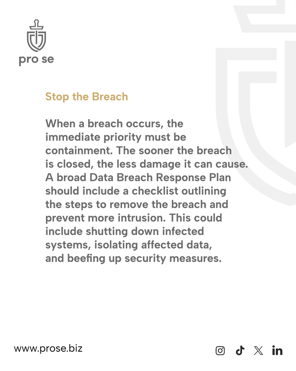 Implementing a robust Data Breach Response Plan provides a wide range of benefits, including the ability to respond quickly in the event of a  breach, and mitigate and minimize potential damages. 

#databreachresponse #breachprevention #privacyprotocol #prose